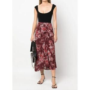 IRO Alise Abstract Print Draped Crepe De Chine Midi Skirt In Burgundy Size 6 New
